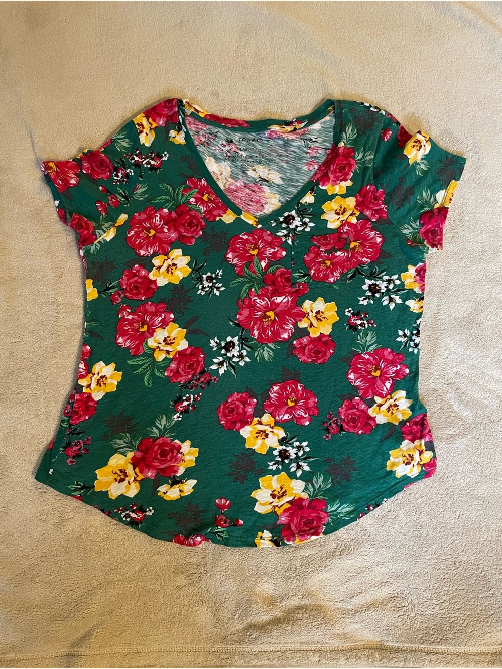 Torrid Women’s Floral V-Neck Tee in Green with pink & Yellow Blooms Size 0X